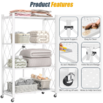 4-Tier Folding Storage Shelves with Wheels, Foldable Metal Rack, Collapsible Shelves for Garage, Kitchen, Basement, White - Image 4