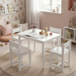 Kids Wooden Table and Chairs Set (1 Table + 4 Chairs), Rubber Wood Toddler Activity Set (White - Image 5