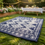 8' x 10' Waterproof Reversible Outdoor Rug: Blue White Rhombus Border Plastic Straw Rug with Carry Bag