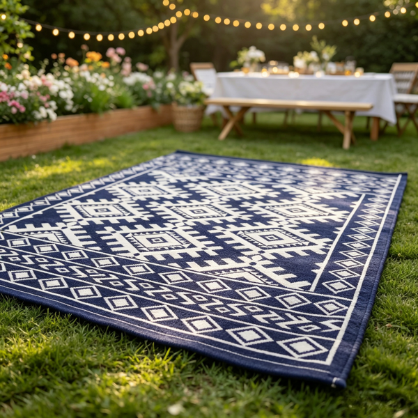 7c523917-0a39-435f-b5f7-6cdbfb01b665.png 8' x 10' Waterproof Reversible Outdoor Rug: Blue White Rhombus Border Plastic Straw Rug with Carry Bag - Image 1