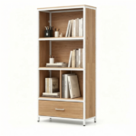 Natural Vertical Freestanding Display Shelf with 4 Open Cubbies & Pull‑Out Drawer, Heavy‑Duty Engineered Wood Metal Frame Storage Organizer for Small Spaces - Image 3