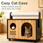 Wooden Cat Cave House with Dual-Use Sisal Scratching Post Handle, Engineered Wood Indoor Cat Condo with Hanging Bell Ball Removable Washable Cushion Anti-Scratch Foot Pads for Small Medium Cats Natural Black - Image 4