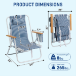 4-Position Adjustable Backpack Beach Chair, Foldable Rustproof Aluminum Frame Lounge Chair with Wooden Armrest, Side Storage Pockets & Detachable Pillow, 24"×22"×37" Outdoor Patio Camping Lawn Chair Holds up to 265 LBS, Blue White Vertical Stripe - Image 9
