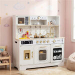 Kids Wooden Play Kitchen with Realistic Lights & Sounds, Pretend Ice Maker & Storage for Toddlers Age 3+ - White