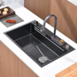 Waterfall Kitchen Sink, Stainless Steel Single Bowl in Black, Multifunctional Workstation with Flying-rain Faucet and Cutting Board, 33x22″ Stainless Steel Single Bowl Sink[Unable ship on weekends, TK/TEMU only for pickup, only TX10643 warehouse supports GOFO] - Image 2