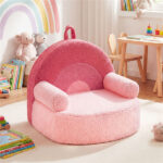 Pink Kids Sofa, Soft Teddy Fleece Foam Couch with Carry Handle & Removable Machine-Washable Cover