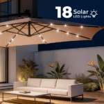 10FT Round Banana Hanging Patio Umbrella with 18 LED Lights, 6 Iron Ribs, Iron Straight & Curved Pole, Waterproof Polyester Canopy, with Stand Sleeve and Cross Base, Khaki - Image 27