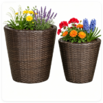 2-Piece PP Rattan Planter Set, 15” & 12” Tapered Square Flower Pots with Built-in Inner Pots & Drainage Holes for Indoor Outdoor Patio Garden - Image 6