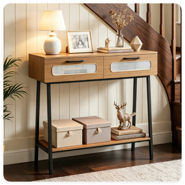 LED Console Table with Remote, 36” Narrow Entryway Table with 2 Fluted Drawers & Open Shelf, 16 RGB Colors Hallway Sofa Table for Living Room