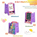 Pink 3-in-1 Kids Double Sided Art Easel, Magnetic Whiteboard & Chalkboard Standing Drawing Board with Adjustable Height Angle, Storage Tray Book Rack Complete Painting Accessories PP Play Easel Gift - Image 5