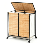 Compact Rolling Bamboo Laundry Hamper with Lid, 2 Sorting Compartments Removable Oxford Liner Bags 360° Lockable Wheels Metal Frame Under Counter Clothes Sorter - Natural Black - Image 4