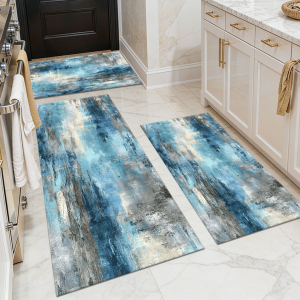 7d91797f-81af-42f9-87ef-13f8f88fa0a5.png Three-piece kitchen rug set, non-slip and washable, abstract pattern kitchen hallway rug, soft and comfortable, suitable for sinks, floors, entrances, hallways and bathrooms. - Image 1
