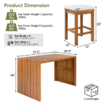 5 Piece Outdoor Bar Set, Patio Acacia Wood Bar Height Table & Four Stools with Cushions, Wood Dining Bar Set for Backyard, Poolside, Balcony, Beige Cushion and Natural Wood - Image 3