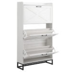 Barn door three-drawer cabinet with top panel; shoe cabinet; particleboard; 80*24*145cm; distressed white - Image 3