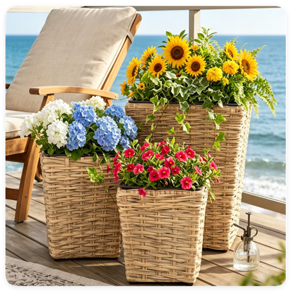 7e3d565f-9dba-42ae-963c-522c42776900.png 3-Piece Nested Rattan Planter Set, UV Resistant PP Wicker Plant Boxes with Removable Liner & Drainage Holes for Indoor Outdoor Garden Patio - Image 1