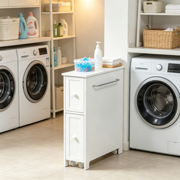 7e4cd730-7c01-4cc5-a807-c19dade065ab.png White Slim Bathroom Cabinet Freestanding Storage with Toilet Paper Holder 2 Drawers Side Towel Rack Wheels 7x20.5x24.75 Inches - Image 1