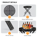 18 inch Folding Patio Side Table, Metal Steel Outdoor Round Coffee Table with Flower Cutouts for Patio Yard Balcony Garden, Black - Image 4