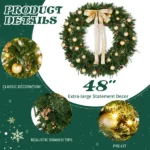48in Pre-lit Christmas Wreath, Lighted Artificial Xmas Wreath with 150 Warm White Lights and 450 PVC Tips and DIY Ornaments, for Front Door Gate Wall Xmas Party Decorations, Light Green & Golden - Image 8