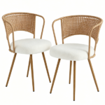 Wicker dining chairs - 2-piece set - Farmhouse soft cushioned cane back kitchen chair, sponge cushion, wing-back dining chair with metal legs, suitable for home and kitchen (dark brown)