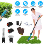 3 In 1 Multifunctional Mini Hedge Trimmer & Grass Shear Electric Cordless Handheld Hedge Trimmer with 90° Rotatable Head Telescopic Extension Pole Gloves Goggles 2Pcs 21V Batteries