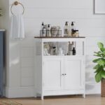Modern Storage Cabinet with Double Doors, Free-Standing Bathroom Cabinet with Adjustable Shelf and Natural Wood Top, Multi-Purpose Organizer for Kitchen, Living Room, Bathroom or Entryway – White - Image 3