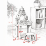 Multicolor Girls Vanity Set – Castle Design Makeup Table with Mirror, Stool, Light, Music for 3-6 Years Old - Image 3