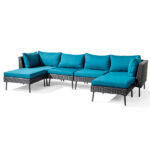 2 pcs armless sofa + 2 pcs corner sofa + 2 pcs footstool iron legs black rattan peacock green cushions woven rattan multi-piece set - Image 7