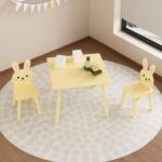 Kids Table and Chair Set with 2 Bunny Chairs, Children's Wooden Activity Table for Toddlers, Cute Animal Design Study Play Set for Playroom, Bedroom, Classroom - Cream Yellow - Image 8