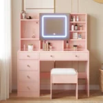 LED Tri-Color Lighting Dressing Table Set Particleboard with Textured Melamine Finish Dressing Table with Power Strip 5-Drawer Dressing Table with Shelves and Hooks 47.24*15.75*53.54in Apple Pink - Image 7