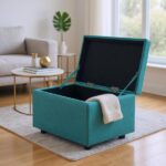 Blue Linen-Textured Storage Ottoman with Rubber Feet – 63×43×43cm Bench for Entryway, Bedroom or Living Room - Image 4