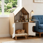 Natural & White Hidden Cat Litter Box Furniture, Elevated Cat Lounge Top Enclosed Cat Washroom Cabinet with Raised Legs for Living Room Bedroom Apartment - Image 7