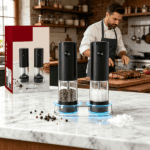 2PCS electric salt and pepper grinder set, portable and practical, with one handed button control, adjustable thickness, black pepper grinder - Image 4