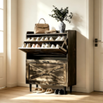 2-Drawer Top-Mounted Barn Door Shoe Cabinet Melamine Board Embossed MDF Shoe Cabinet 31.61*9.45*39.37in Black Oak - Image 10