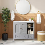 Grey MDF Lacquered Double Door & 2-Drawer Bathroom Vanity Cabinet with Decorative Molding - 91x46x82cm - Image 12