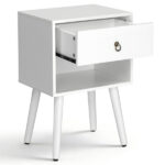 White P2 particleboard with solid wood legs, linen-textured melamine finish, and ring pull handle. 38*30*55cm. One drawer with a lower compartment. Bedside table. 1PC - Image 11