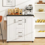 White Kitchen Island Cart with 4 Drawers & 2 Cabinets, 5 Universal Casters with Brakes​ - Image 7