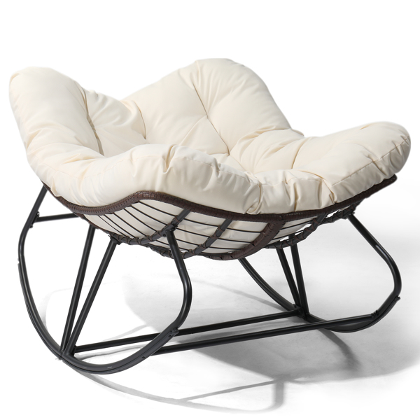 Oversized Rattan Papasan Chair, Outdoor Steel Wicker Rocking Seating with Thick Padded Cushion for Patio, Living Room, Backyard, Porch(Brown Wicker & Beige Cushion)
