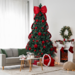 7.5 FT Artificial Christmas Tree with DIY 300 Warm White LED Lights, Hinged Xmas Pine Tree with Giant Bowknot and Red Ball Ornaments for Holiday Party Office Home, Dark Green Tree & Red Decor - Image 6