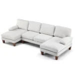 U-Shaped Convertible Sectional Sofa with 2 Chaise Lounges, 4-Seater Modular Couch with Removable & Washable Chenille Covers, 111.4" L x 48.4" D x 33.1" H L-Shaped Couches for Living Room Apartment, Wood Grain Legs, Off White