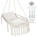 Beige Boho Macrame Hanging Swing Chair with 2 Padded Cushions, 330LBS Capacity Hammock Chair for Indoor Outdoor Bedroom Patio Balcony
