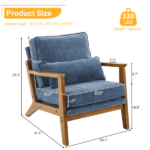 Mid-Century Oak Accent Chair - Deep Navy Blue Chenille Upholstered Single Lounge Chair, Sturdy Wood Frame Indoor Armchair (330LBS Weight Capacity) - Image 3