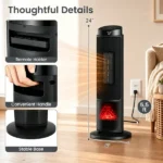 Black 1500W PTC Portable Fireplace Space Heater, Quiet 35dB Electric Heater with Tip-Over Overheat Protection Child Lock for Bedroom Living Room - Image 4