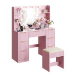 Pink particleboard with a 7-drawer, 4-shelf dressing table set with 10 three-tone light bulbs, power strip, and grille. - Image 4