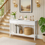 Modern Console Table with 3 Drawers and Open Storage Shelf, Entryway Table Narrow Long Sofa Table Hallway Foyer Table Behind Couch Table, White - Image 4