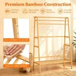 Natural Bamboo Clothing Rack, Multi-Layer Garment Organizer with Top & Bottom Storage Shelves, Side Hooks Hanging Rod, Stable A-Shape Structure Anti-Toppling Device 88LBS Capacity Freestanding Storage Rack for Bedroom Entryway - Image 9
