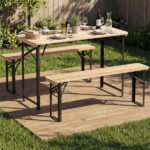 47" Foldable Picnic Table with 2 Benches, Solid Fir Wood Outdoor Dining Set with Sturdy Metal Frame for Patio Garden Backyard - Image 10
