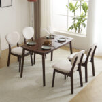 Rubber wood soft bag deep walnut dining table and chair set 1 table 4 chairs beige cushion rectangular - Image 23