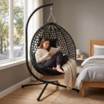 Foldable Hanging Egg Chair with Stand, HDPE Rattan Wicker Swing Chair with Cushion, Heavy Duty Frame 350 Lbs Capacity, Outdoor Patio Indoor Bedroom Balcony, Black+ Black - Image 16