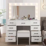 Vanity Desk Set with Large Lighted Mirror and Powre Outlet, Glass Top Makeup Vanity with 9 Drawers, Vanity Table with 12 LED Lights, 3 Lighting Color Adjustable, White - Image 11