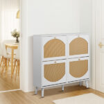 2 rows of 4 dump buckets with high-leg arched rattan shoe cabinet, particle board + plastic rattan, 105*24*98cm, white frame + original wood rattan surface + white high legs - Image 4